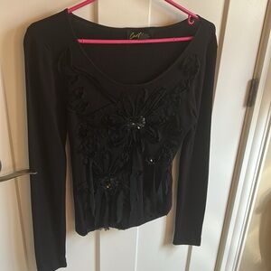 Cartise Statement Black Embellished Floral Sequin Fitted Long Sleeve Top, size M